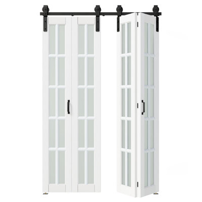 Bi-Fold Barn Door, 10-Lites Tempered Frosted Glass Panel With Sliding Hardware Kit Set, Finished Folding Door Slab