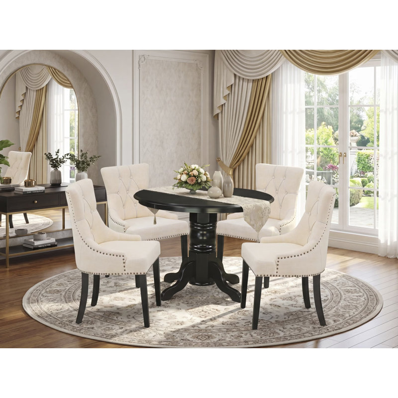 Ensemble de table de salle à manger 5 pièces comprenant une table de cuisine ronde avec piédestal et 4 chaises rembourrées en tissu de lin beige clair, noir