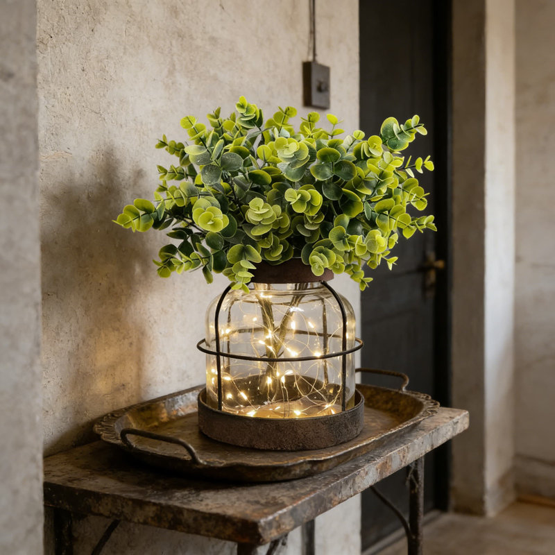 Farmhouse Glass Vase With Artificial Eucalyptus And String Lights - Rustic Vintage Lantern Centerpiece For Home Decor