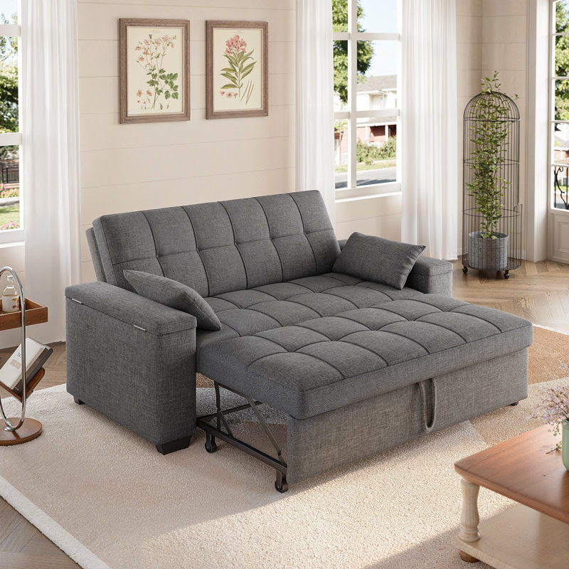 69’’ Velvet 3-In-1 Convertible Sleeper Sofa Bed – Adjustable Backrest, Storage Armrests & Side Pocket, Dark Gray