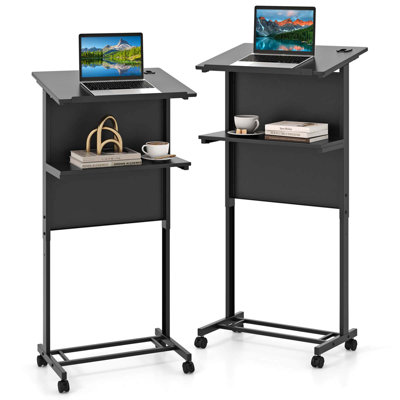  2 Pcs Mobile Lectern Podium Height Adjustable Rolling Laptop Cart Black