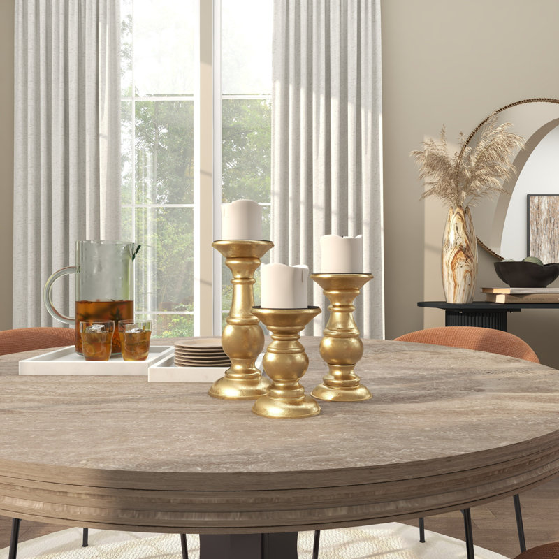 Mango Wood Turned Style Pillar Candle Holders, Gold