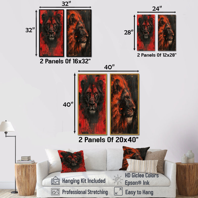 Ensemble de 2 pièces d'art mural noir et rouge avec astrologie du Royaume de Lion I, H 40 po x l 40 po, Impression encadrée