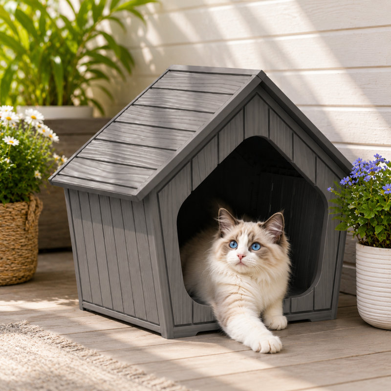  Maison pour animaux en résine 22,81 po H - Combine un abri douillet avec un bac à litière, Gris