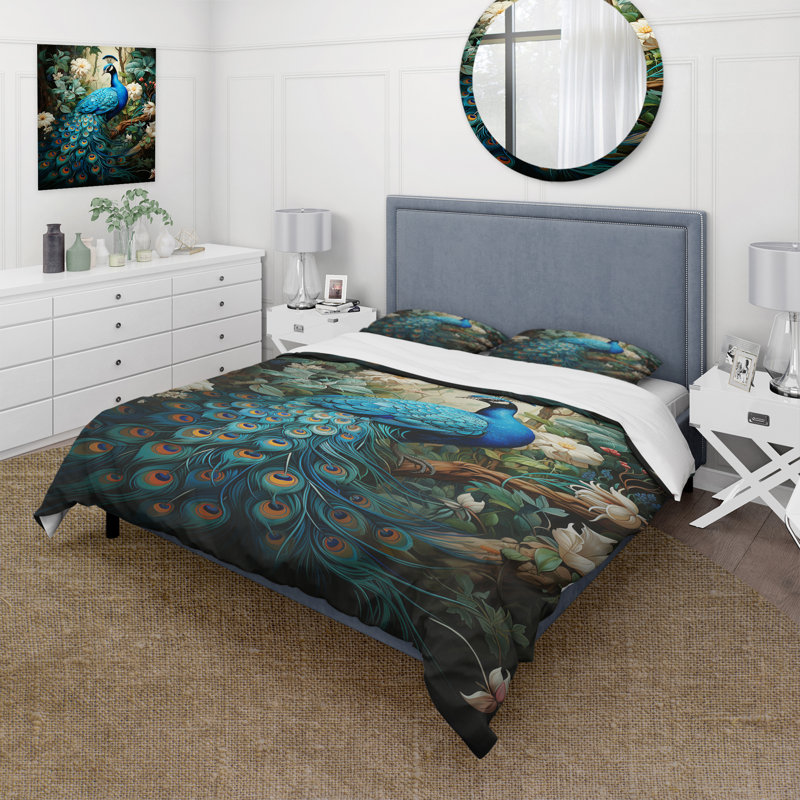 Ensemble d'édredon animaux 4 pièces - Paon bleu sarcelle avec taies décoratives et coussins décoratifs