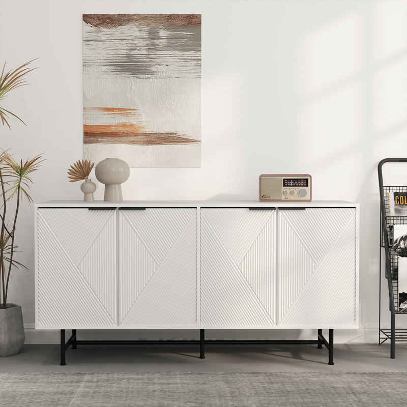 57" Carved Design 4-Door Sideboard Buffet With Storage, Modern Accent Kitchen Storage Cabinet For Living Room, Hallway, Dining Room