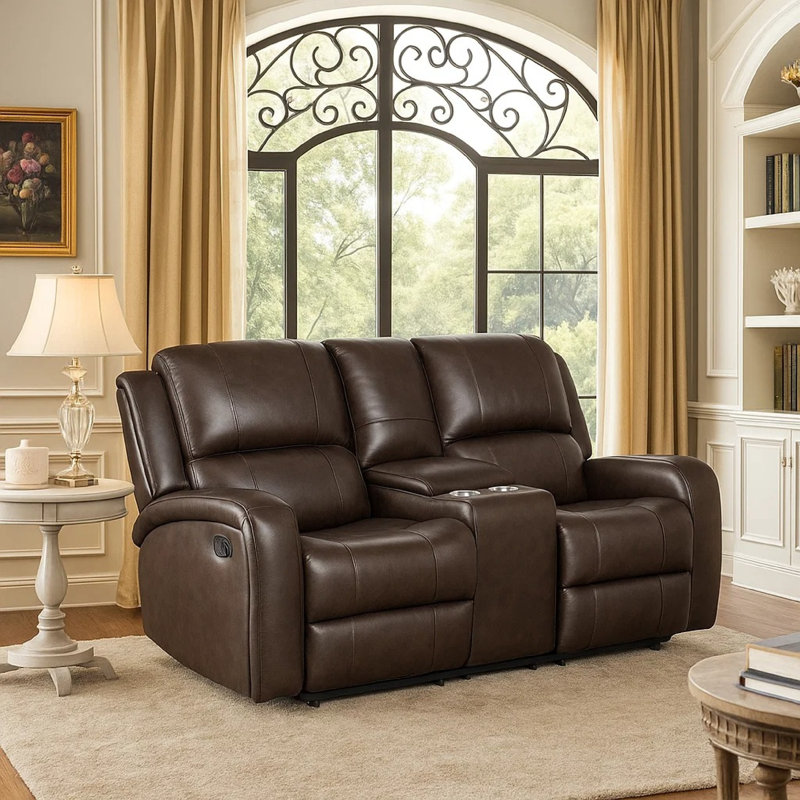 Causeuse inclinable manuelle avec console centrale Seba, similicuir brun