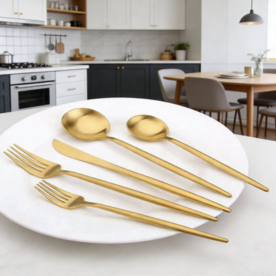 Ensemble de couverts 30 pièces en acier inoxydable pour 6 personnes, ensemble de couverts à finition satinée or mat avec revêtement PVD pour la maison et le restaurant
