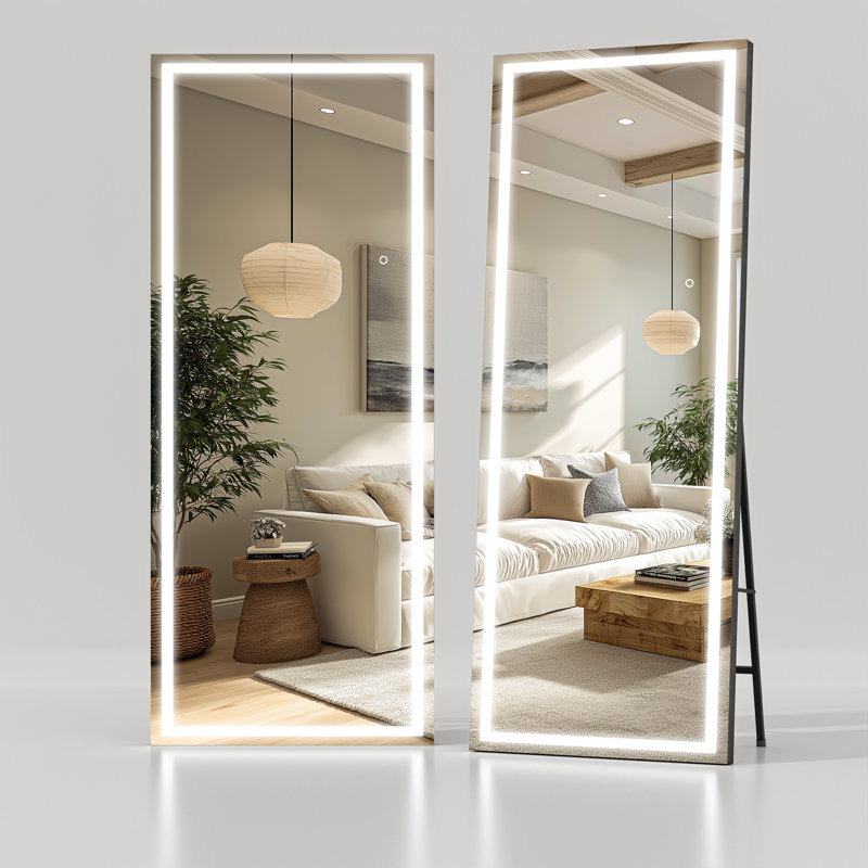Modern & Contemporary Lighted Full Length Mirror with Temepered Glass & 3 Years Warranty, Matte Black, 70" x 28"