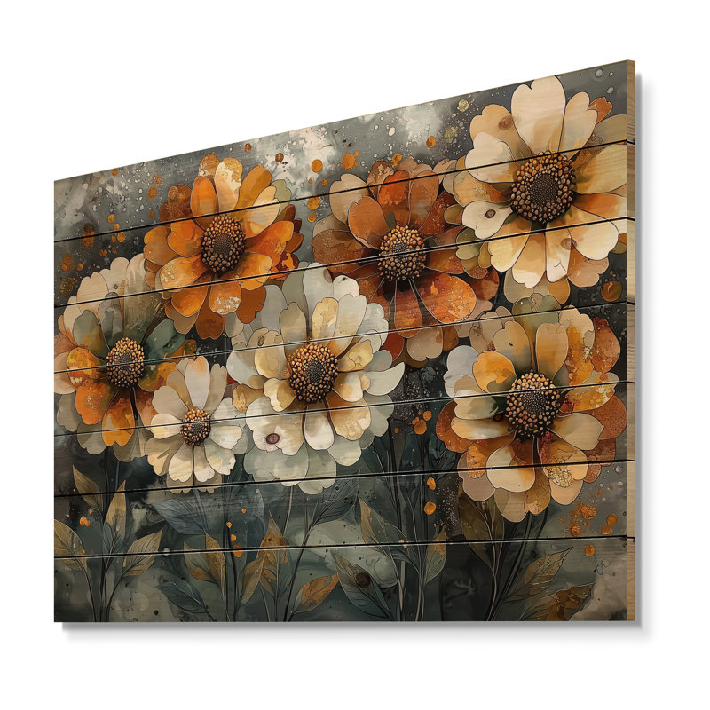 Golden Zinnias Flowers Geometric Beauty I - Zinnias Wood Wall Decor - On Natural Pine Wood, 30" H x 40" W x 0.78" D