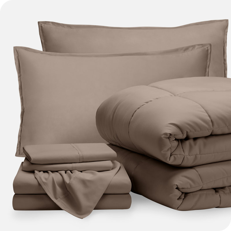 Lit dans un sac en microfibre 1800 de qualité supérieure 1800, Très grand édredon + 6 pièces supplémentaires, Taupe / taupe