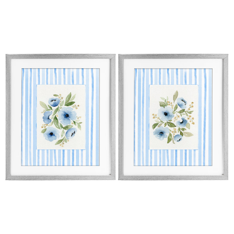 Fleurs bleues avec bordure rayée, ensemble de 2 reproductions encadrées sous verre, design par Leah Noel Art