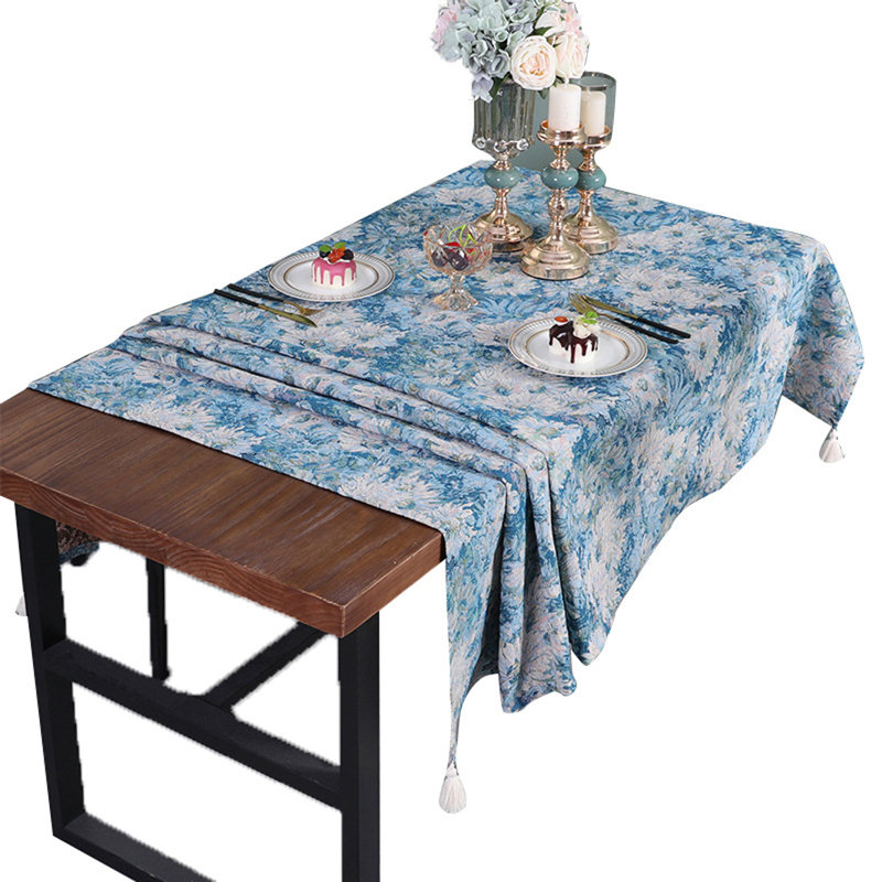 Nappe bleue à franges de style peinture à l'huile, L 87 po