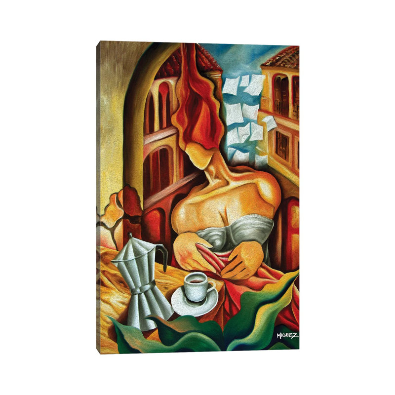«Coffee at the balcon» par Dixie Miguez - peinture sur toile tendue, H 18 po x l 12 po x 1,5 po