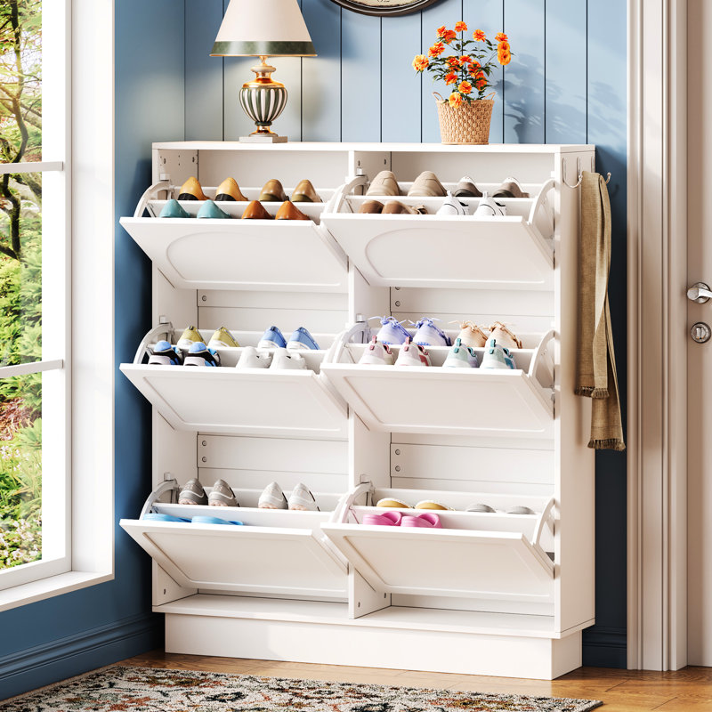 Space Saving Cream - Colored Shoe Cabinet With 6 Double Layer Flip Drawers, Adjustable Storage, 3 Hooks, Modern Design, White Finish, , Tip Anchors, Floor Protection Elegant Narrow Aesthetic,