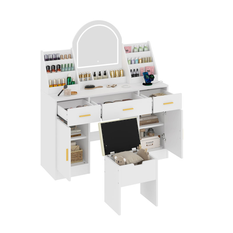 Coiffeuse 47,2 "avec miroir et lumière, coiffeuse avec tabouret de rangement rembourré, coiffeuse avec deux organisateurs, 3 tiroirs et 2 armoires pour la chambre à coucher, blanc