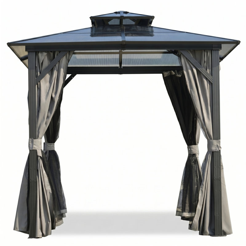 8Ft X 8Ft  Aluminum Bbq Grill Gazebo With Grey Hardtop Polycarbonate Double Roof  For Outdoor Cooking