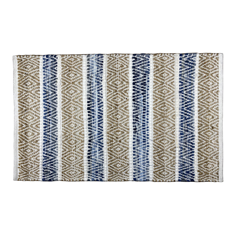 Natural and Denim Striped Cotton Accent Rug, 27" x 45"