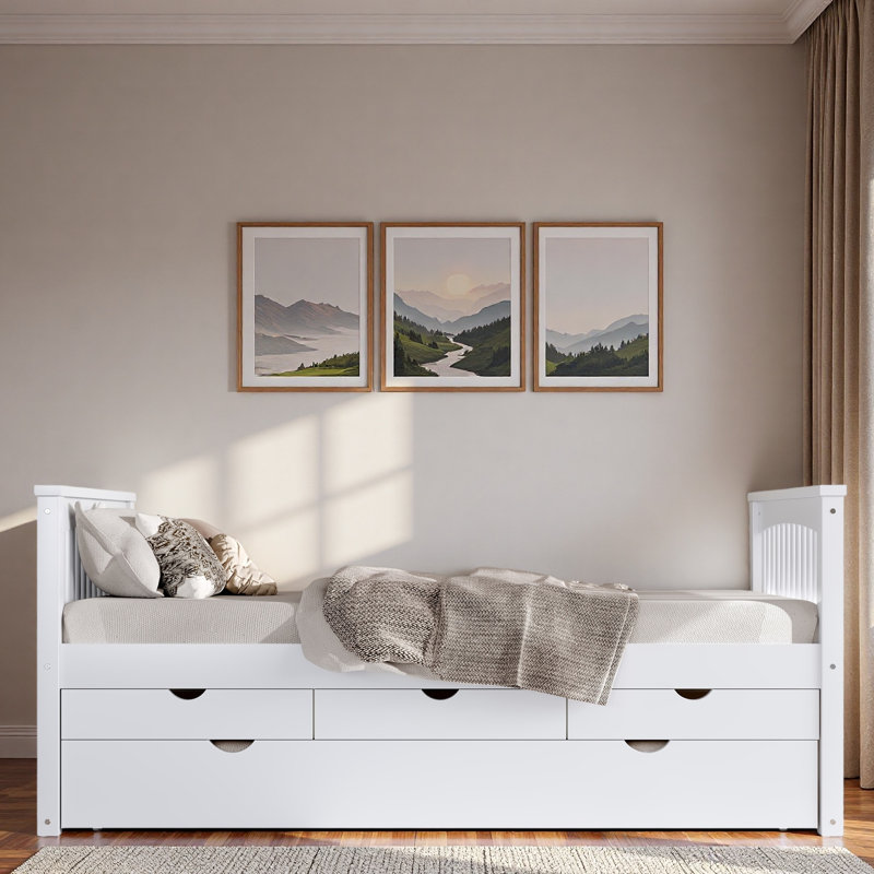 Lit plateforme avec 3 tiroirs et lit gigogne, Blanc / Blanc