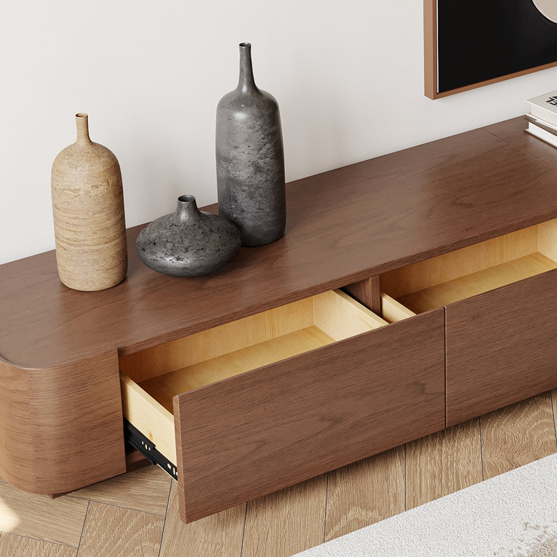 Meuble télé 94,5 po avec rangement et 4 tiroirs Lydiane, finition bois brun, Brun, 94,5 po L