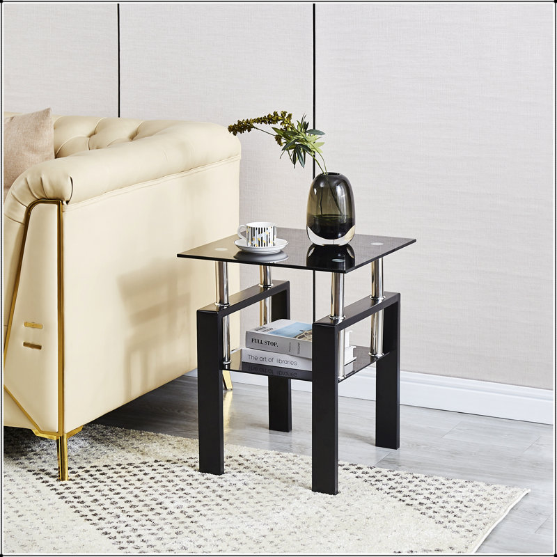 Table de canapé en verre trempé noir, table de bout à 2 niveaux avec rangement, table d'appoint de salon moderne, Noir, 1