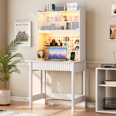 64"H Computer Desk with LED Light & Power Outlet, Home Office Desk with Sliding Lamp