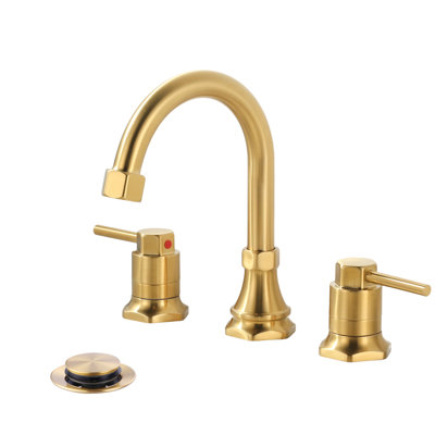 8 In. Widespread Double Handle High Arc Bathroom Faucet With Drain Kit Included In Brushed Gold