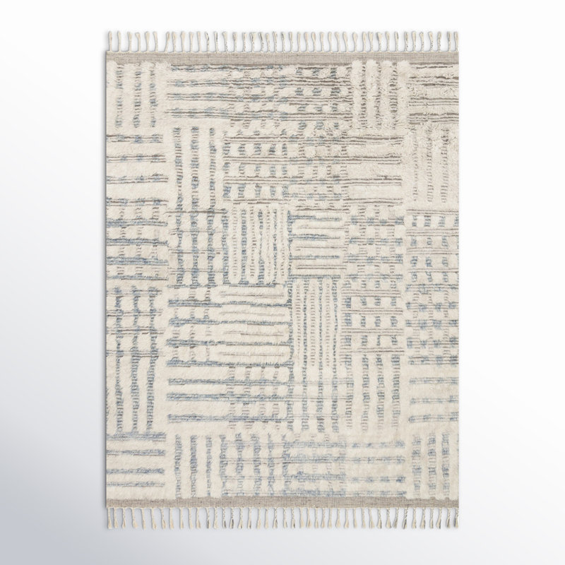 Benjamin Geometric Hand Knotted Ivory/Sky Area Rug, Rectangle 5'6" x 8'6"