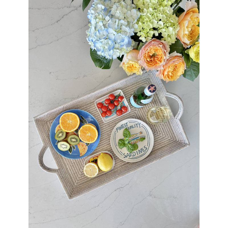 La Jolla Rattan Decorative Serving Tray with Ear Handles, Ottoman Tray, White