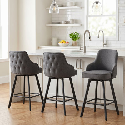 Swivel Linen Upholstered Counter Stool with High Back (Set of 3)