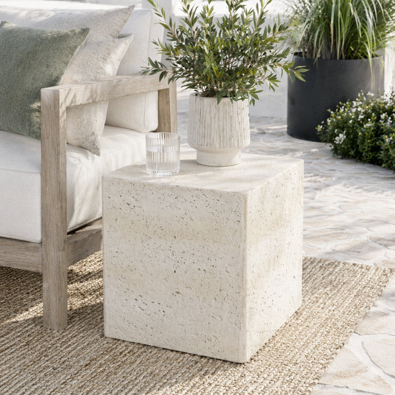 Table d'appoint en faux travertin cube MGO - pré-assemblée, capacité de 80 lb