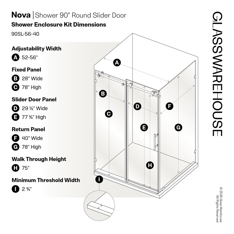 Nova 56 in. x 40 in. x 78 in. 90-degree Fully Frameless Sliding Glass Shower Enclosure, Polished Chrome