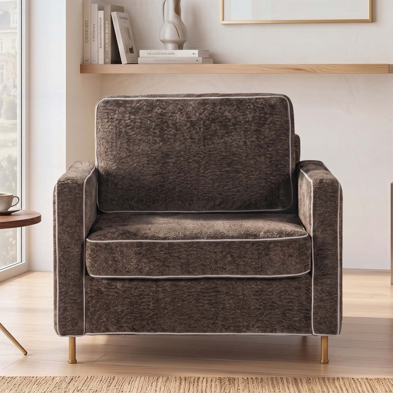 Chaise d'appoint rembourrée en chenille moderne de 42,1 pouces avec accoudoirs carrés, dossier cousu et pieds en fer jaune pour une utilisation polyvalente à la maison, brun foncé