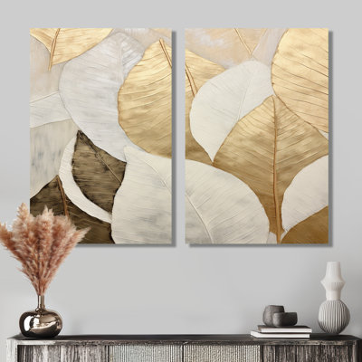 «Gold Minimalisme Leaves Collage», art sur toile à motif floral doré, ensemble de 2