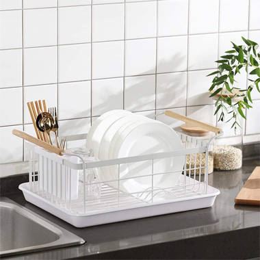 Yamazaki Home Dish Rack with Removeable Drainer Tray, Kitchen Counter Dish  Drying Organizer Holder Steel + Wood One Size White