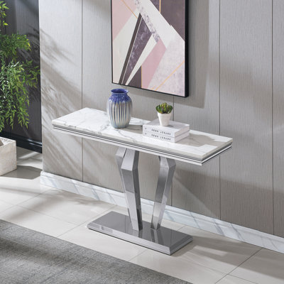 Faux Marble Coffee Table Set of 4, Modern Living Room Table Set Includes 1 Coffee Table, 1 Console Sofa Table and 2 End Side Tables for Living Room, White Faux Marble Top with Diamond-Shaped Stainless Steel Frame