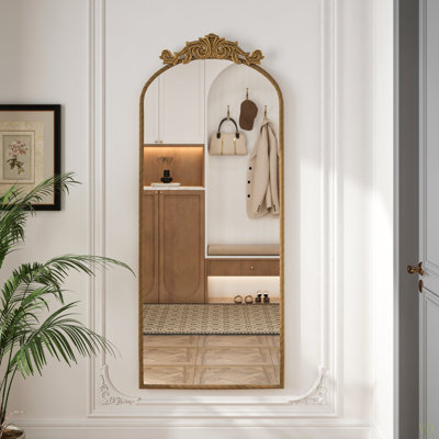 Miroir de 58 po x 24 po arqué avec applique murale rétro sculptée sur le dessus, miroir mural suspendu, pour le salon, la chambre, le miroir rétro, la décoration intérieure, bronze