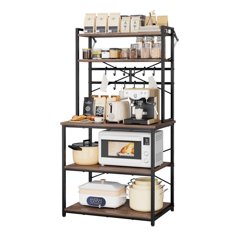Étagère de boulanger de cuisine, étagère de boulanger de 31,5 po de largeur, support de cuisine avec barre de support en forme de X, 12 crochets en forme de S, tablette supérieure à double couche, support de bar à café pour vaisselle et bols, bouteilles à épices