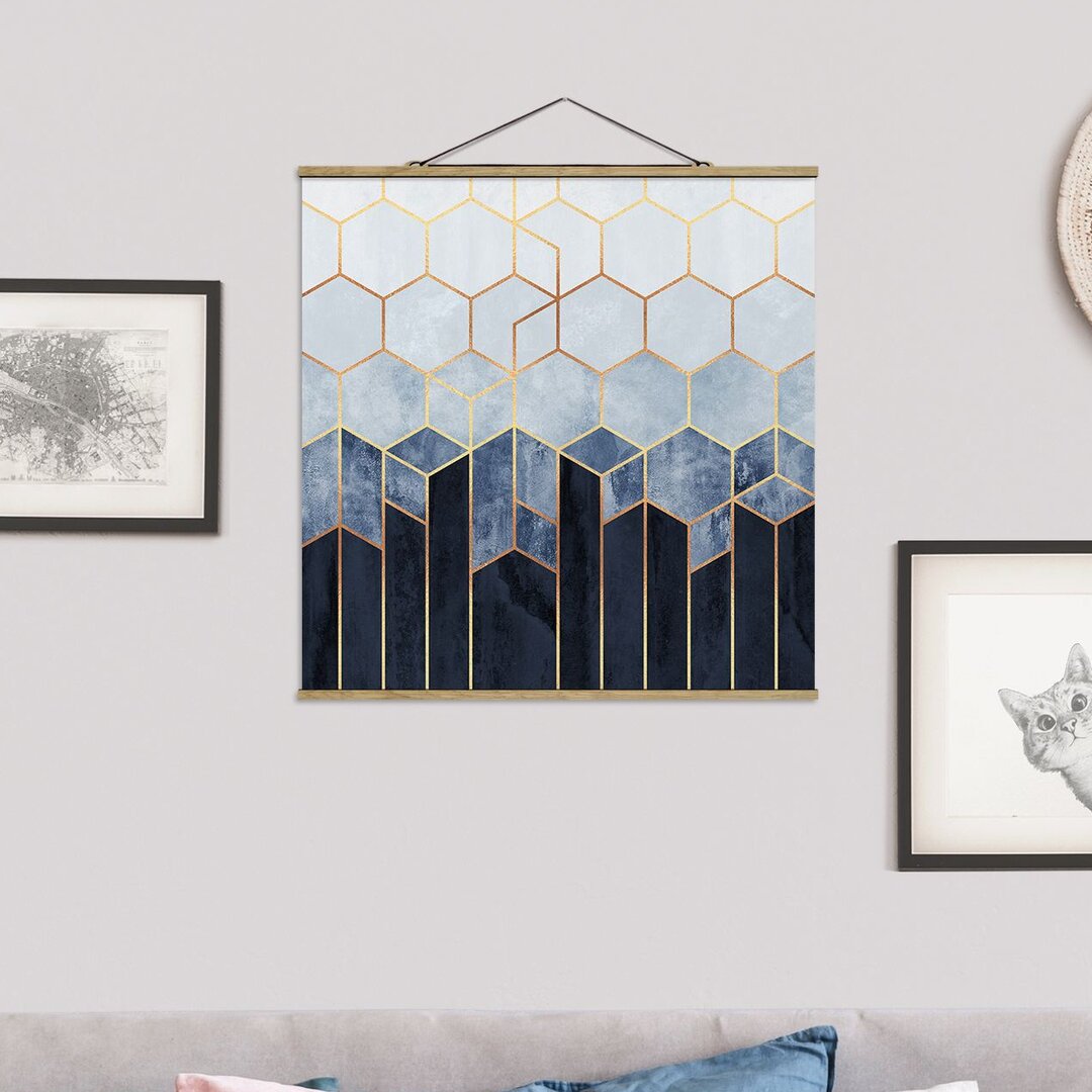 Grafikdruck Golden Hexagons Blue White von Elisabeth Fredriksson