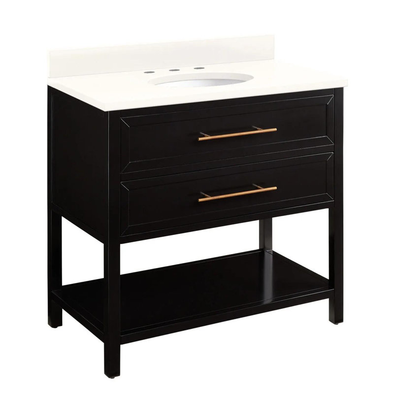 36" Robertson Single Bathroom Vanity Set with Oval Undermount Sink, Arctic White Quartz, 8" Widespread, Black