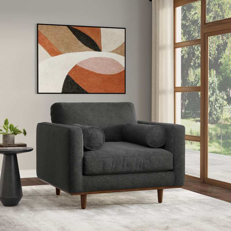Chaise rembourrée en tissu performance Mid-Century avec coussins traversins Morrison, Polyester gris anthracite