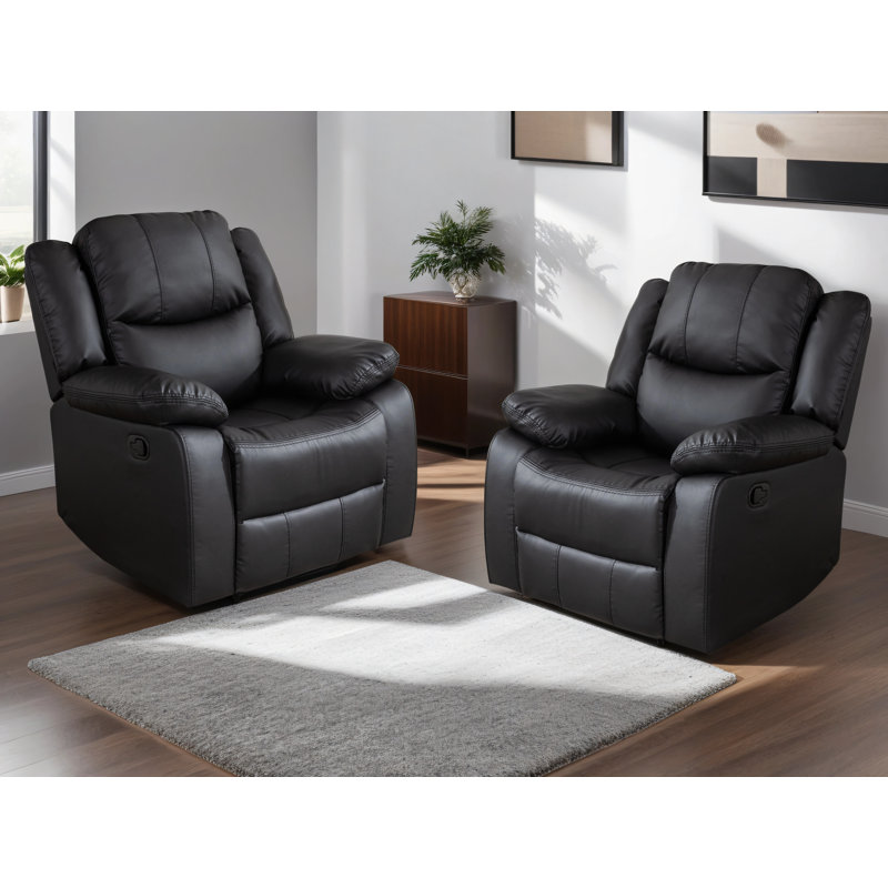 Alvernon 38.2" Wide Breathable Leather Cushion Back Manual Recliner Chair with Pillow Top Arm, Black