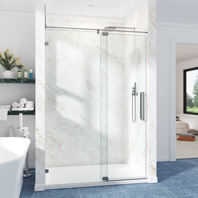 56-61" W x 76" H Frameless Single Pivot Shower Door, 5/16"(8mm) SGCC Tempered Clear Glass with R5 Beveled Edge, Anti-Explosion Safety Film & Installation Hole Locator