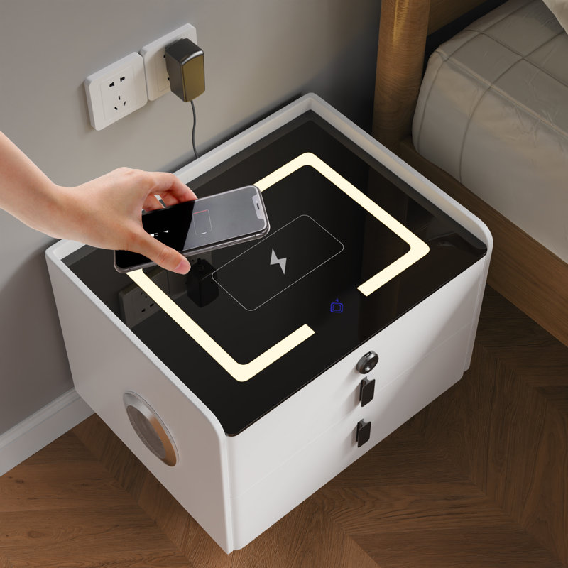 Cathriona 2 - Drawer Nightstand With Fingerprint Lock And Led Lights And Music Player, White