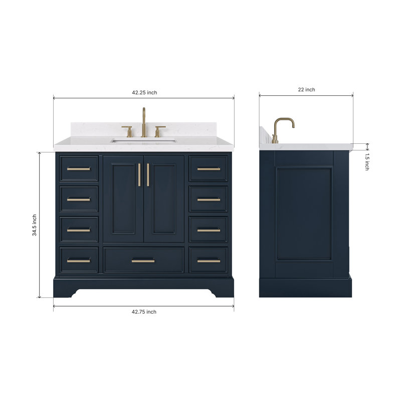42.25'' Single Bathroom Vanity with Carrara Quartz Top, Midnight Blue