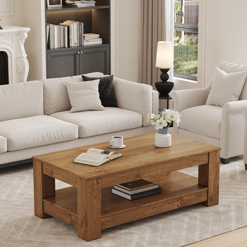 Une table basse moderne et pratique en bois naturel. La table basse à double couche est fabriquée en panneau de fibres à densité moyenne. Convient au salon, à la chambre à coucher et au bureau
