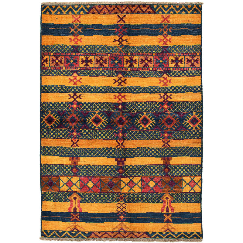 Tapis unique bleu foncé / orange / jaune en laine noué à la main de style années 2010 de 5 pi 5 po x 7 pi 10 po Arcie