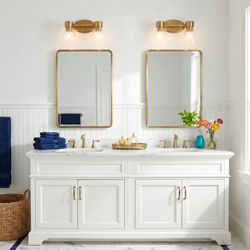 Éclairage pour salle de bain 3 lumières en laiton brossé avec abat-jour en verre transparent Jessa, Laiton brossé, 2