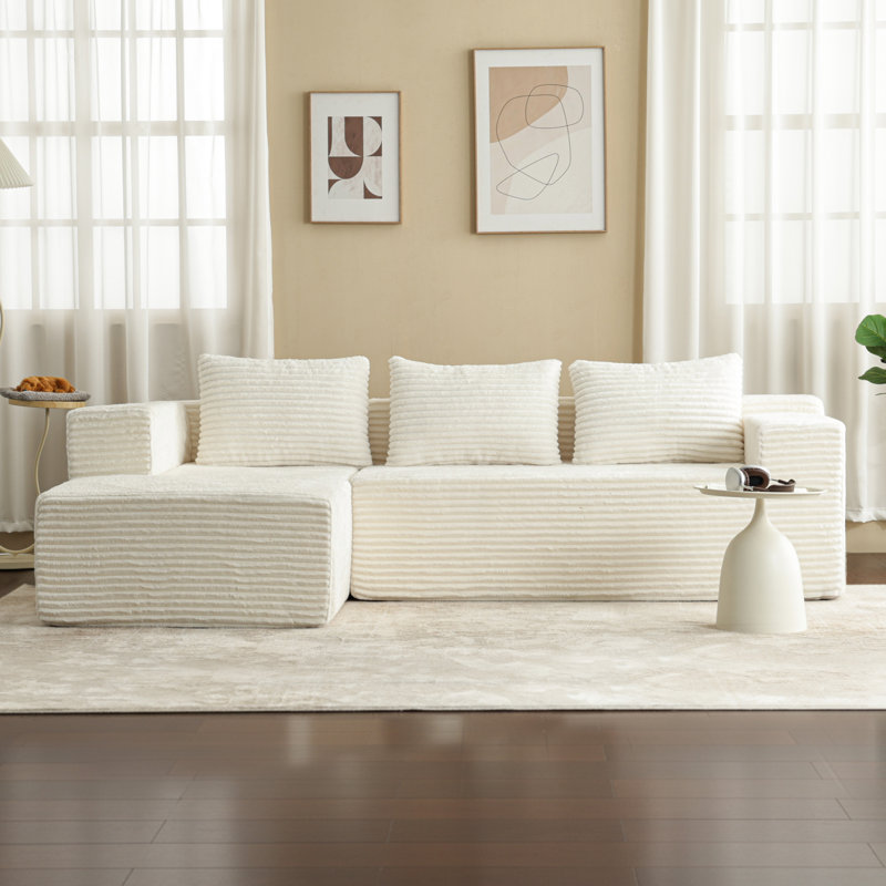 Canapé modulaire en L à assise profonde, canapé en velours côtelé rembourré avec poches latérales, Polyester blanc