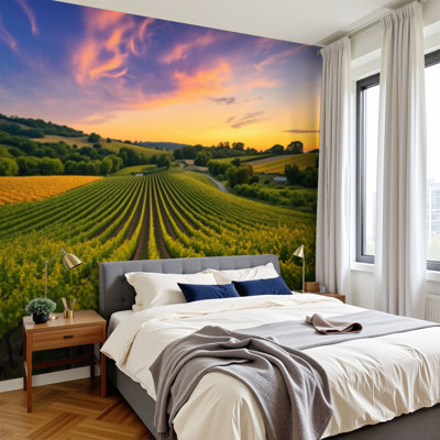 Peel and Stick Wallpaper Vineyard Sunset Landscape Scenery Wall Murals 100"H x 144"W Removable PVC Wall Paper Self-Adhesive Wall Decor for Bedroom Living Room Home Office